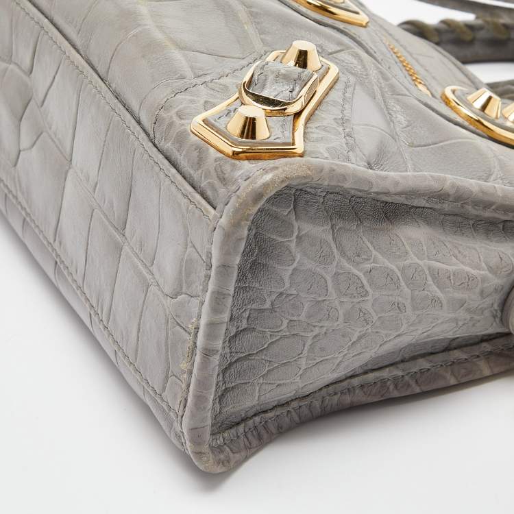Pre Owned Balenciaga Grey Croc Embossed Leather Mini Metallic Edge City Bag