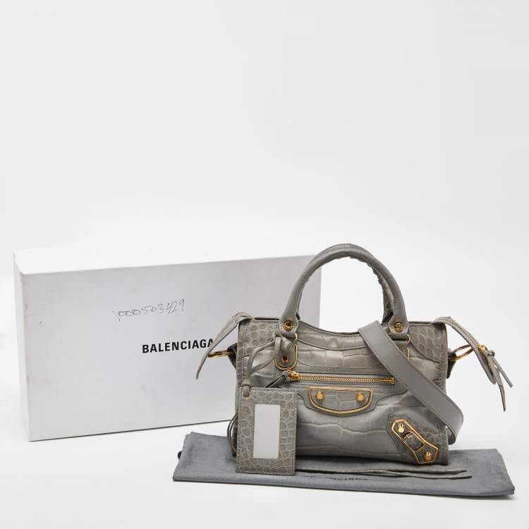 Pre Owned Balenciaga Grey Croc Embossed Leather Mini Metallic Edge City Bag