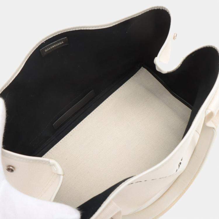 Pre Owned Balenciaga Navy Cabas Canvas & leather Tote bag White 339933