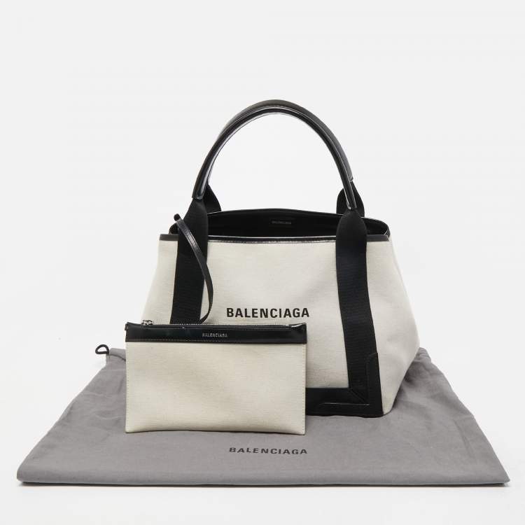 Pre Owned Balenciaga Off White/Black Printed Canvas and Leather Small Cabas Tote
