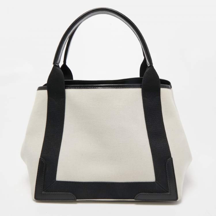 Pre Owned Balenciaga Off White/Black Printed Canvas and Leather Small Cabas Tote