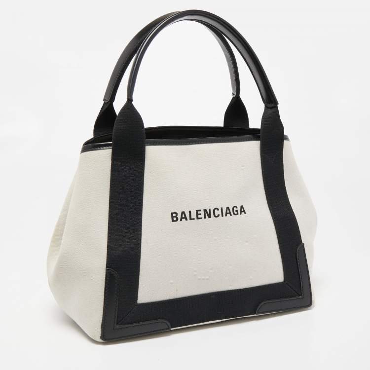 Pre Owned Balenciaga Off White/Black Printed Canvas and Leather Small Cabas Tote