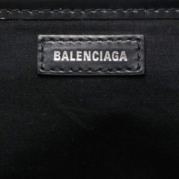 Pre Owned Balenciaga Off White/Black Printed Canvas and Leather Small Cabas Tote