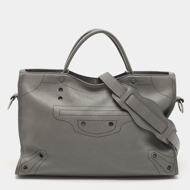 Pre Owned Balenciaga Grey Leather Black Out City Bag