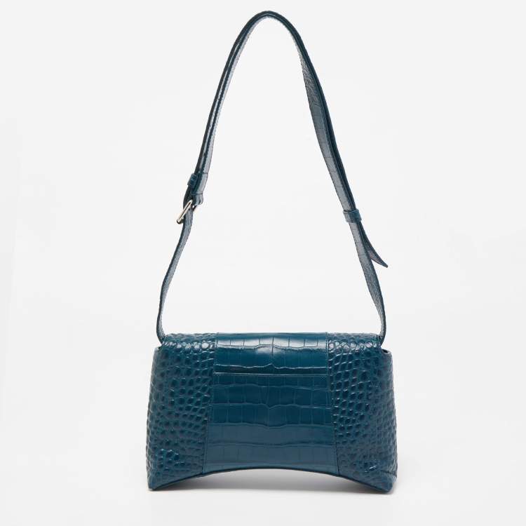مملوكة مسبقًا Balenciaga Dark Teal Blue Croc Embossed Leather XS Downtown Shoulder Bag