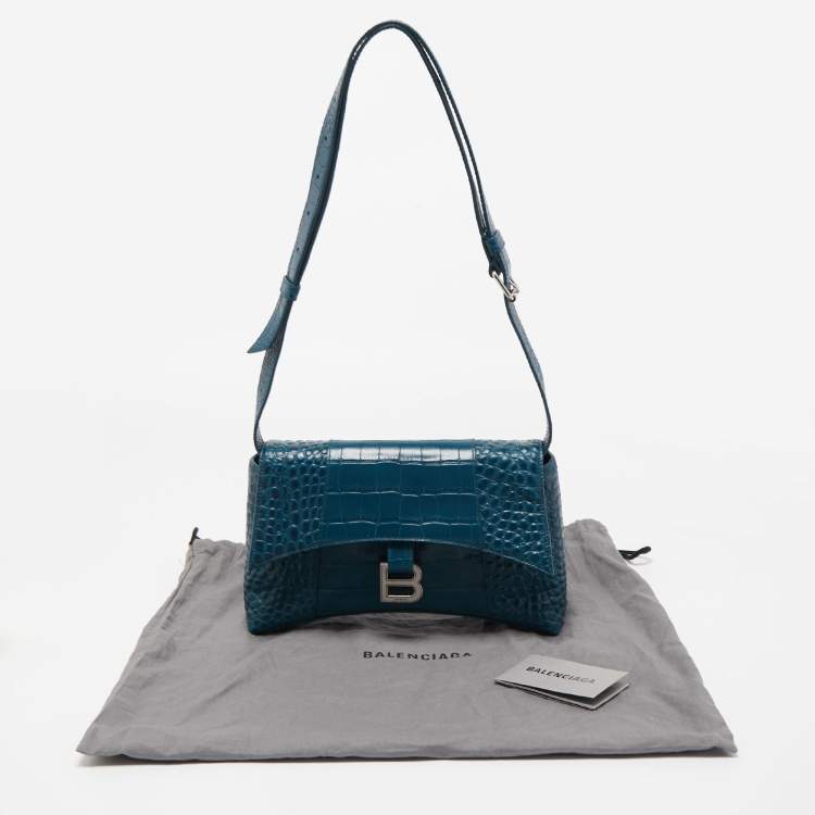 مملوكة مسبقًا Balenciaga Dark Teal Blue Croc Embossed Leather XS Downtown Shoulder Bag