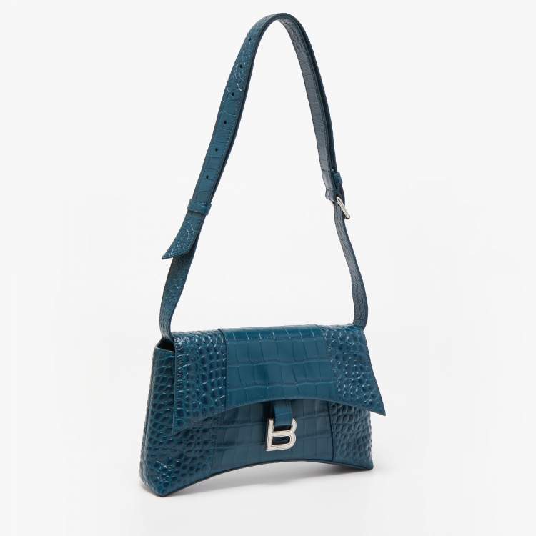 مملوكة مسبقًا Balenciaga Dark Teal Blue Croc Embossed Leather XS Downtown Shoulder Bag