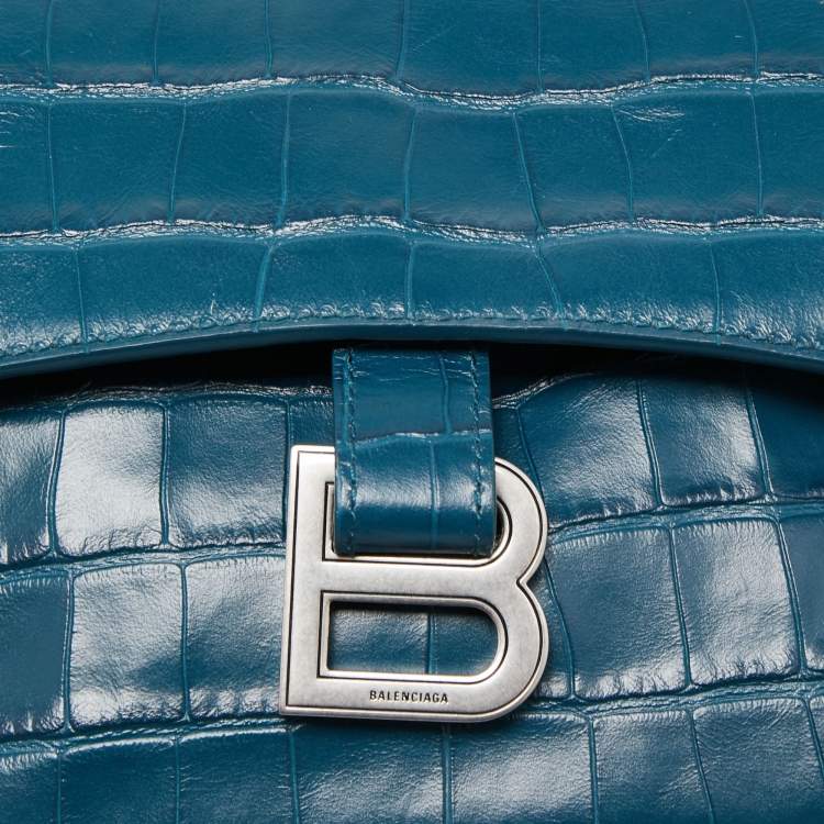 مملوكة مسبقًا Balenciaga Dark Teal Blue Croc Embossed Leather XS Downtown Shoulder Bag