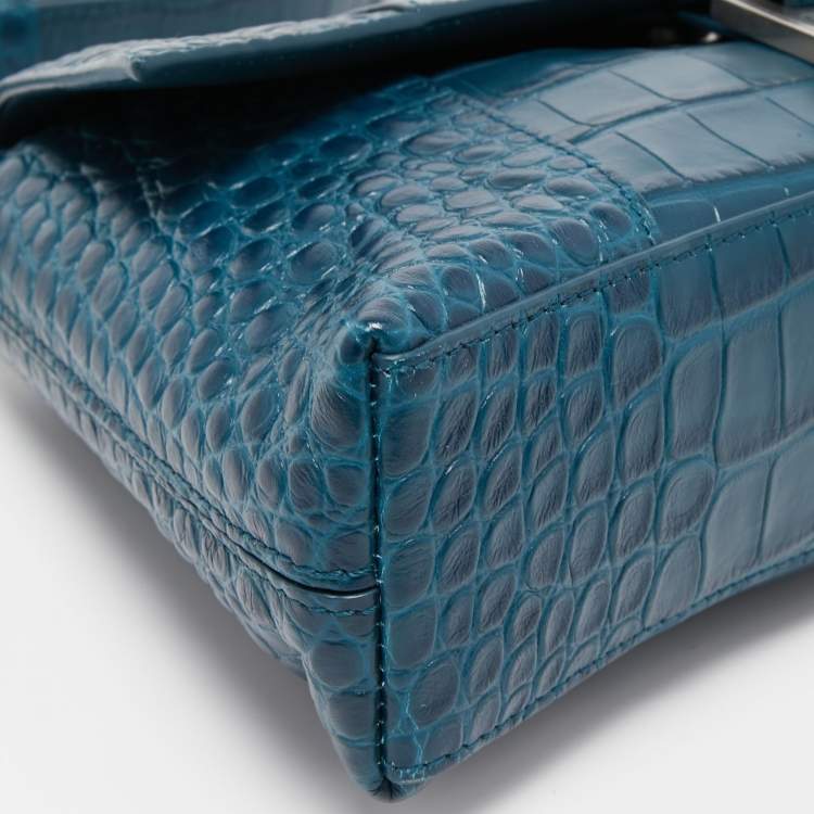 مملوكة مسبقًا Balenciaga Dark Teal Blue Croc Embossed Leather XS Downtown Shoulder Bag