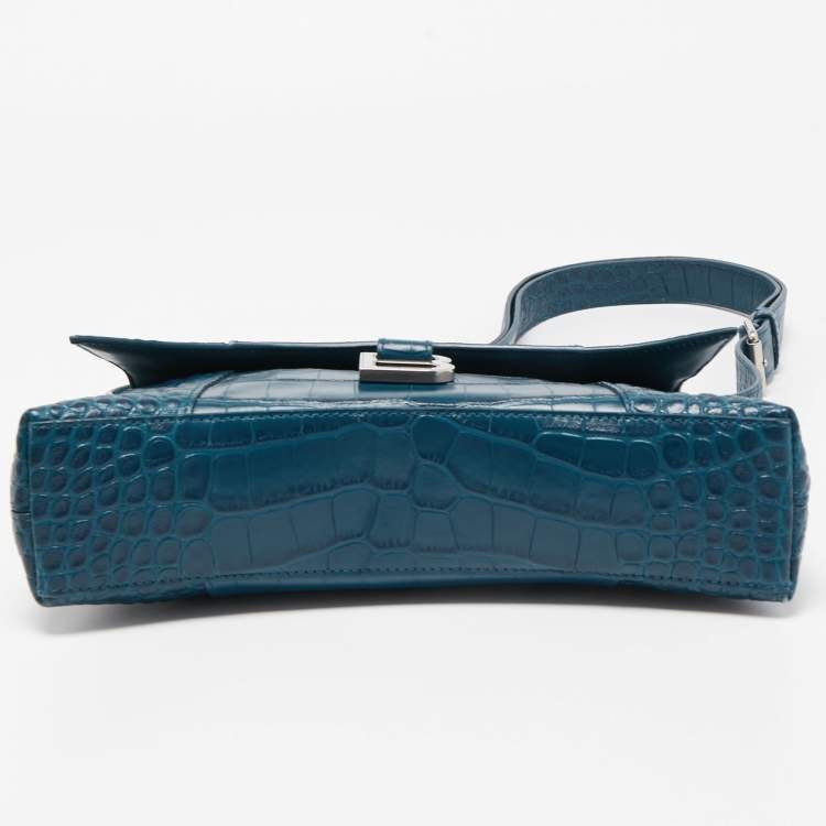 مملوكة مسبقًا Balenciaga Dark Teal Blue Croc Embossed Leather XS Downtown Shoulder Bag