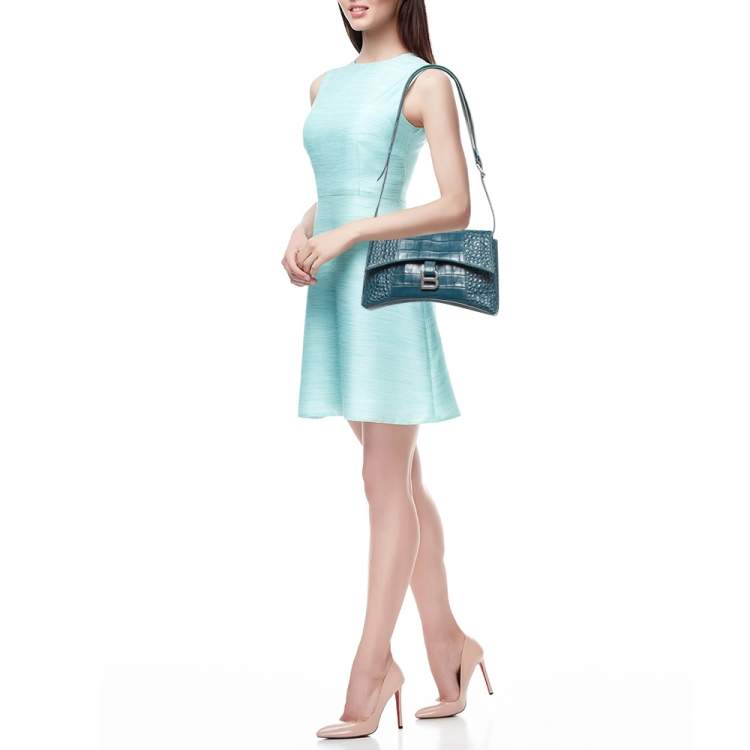 مملوكة مسبقًا Balenciaga Dark Teal Blue Croc Embossed Leather XS Downtown Shoulder Bag