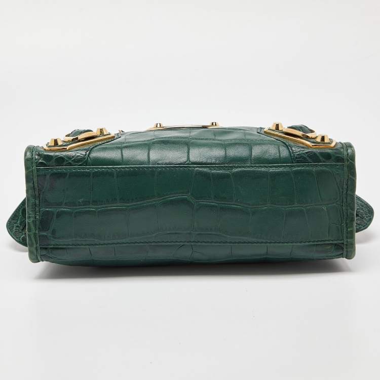 Pre Owned Balenciaga Green Croc Embossed Leather Mini Classic Metallic Edge City Bag