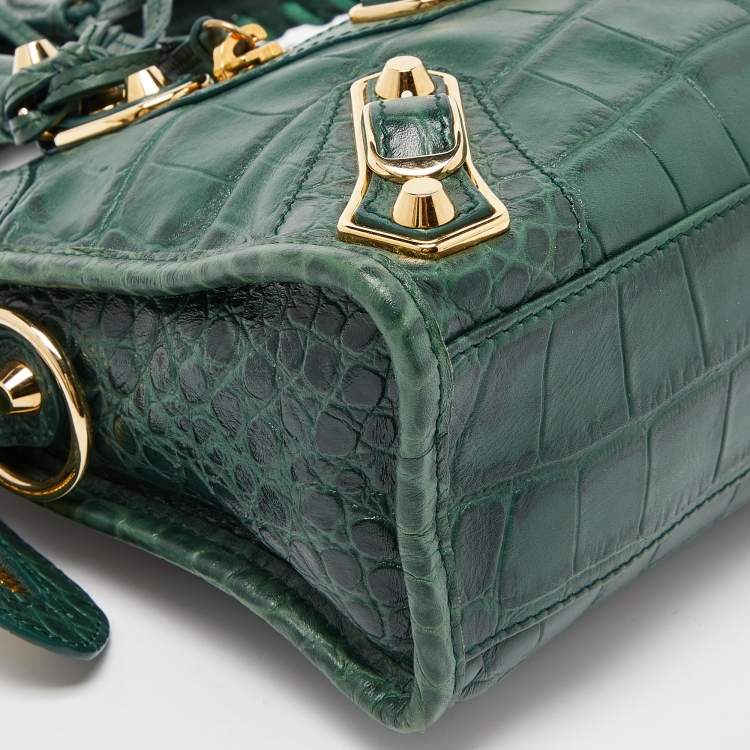 Pre Owned Balenciaga Green Croc Embossed Leather Mini Classic Metallic Edge City Bag