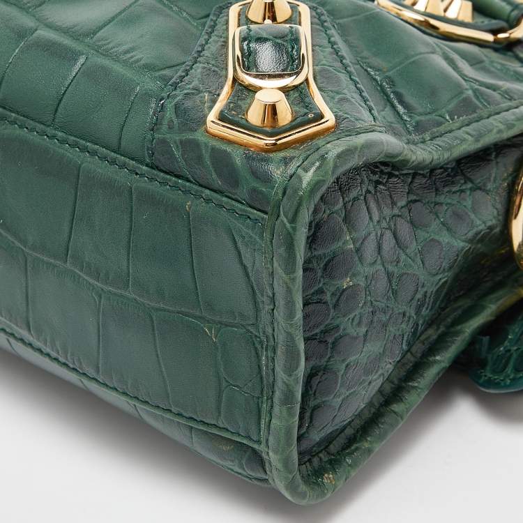 Pre Owned Balenciaga Green Croc Embossed Leather Mini Classic Metallic Edge City Bag