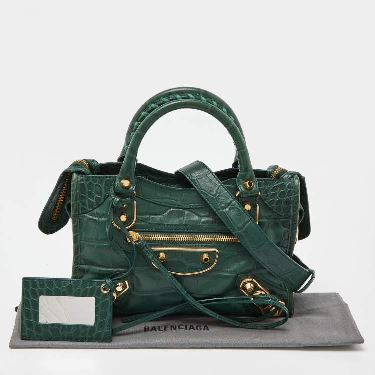 Pre Owned Balenciaga Green Croc Embossed Leather Mini Classic Metallic Edge City Bag