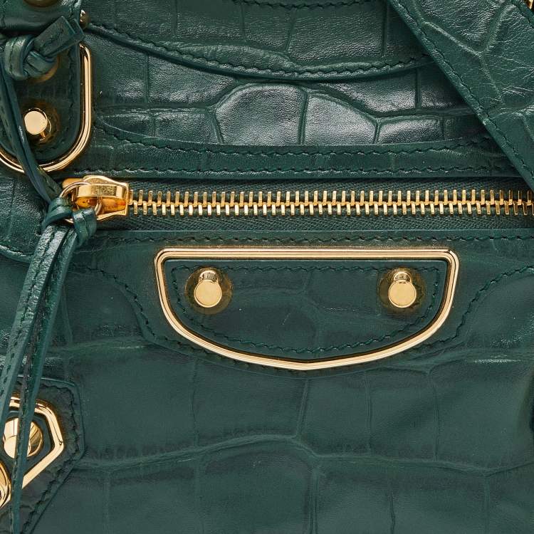 Pre Owned Balenciaga Green Croc Embossed Leather Mini Classic Metallic Edge City Bag