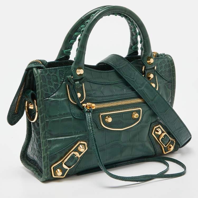 Pre Owned Balenciaga Green Croc Embossed Leather Mini Classic Metallic Edge City Bag