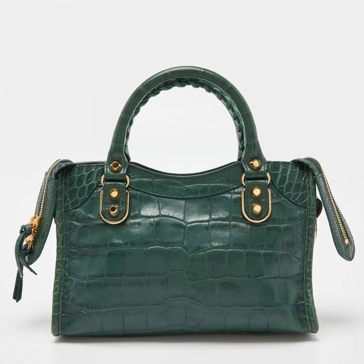 Pre Owned Balenciaga Green Croc Embossed Leather Mini Classic Metallic Edge City Bag
