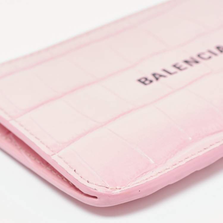 Pre Owned Balenciaga Pink Croc Embossed Leather Logo Zip Card Holder