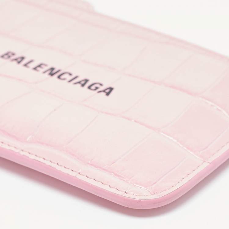 Pre Owned Balenciaga Pink Croc Embossed Leather Logo Zip Card Holder