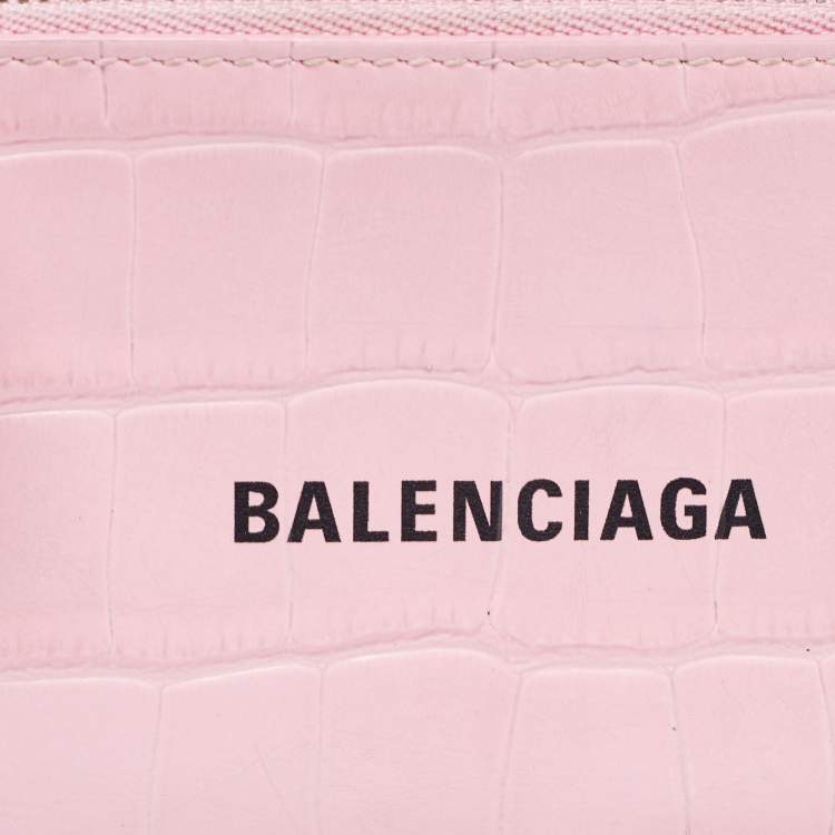 Pre Owned Balenciaga Pink Croc Embossed Leather Logo Zip Card Holder