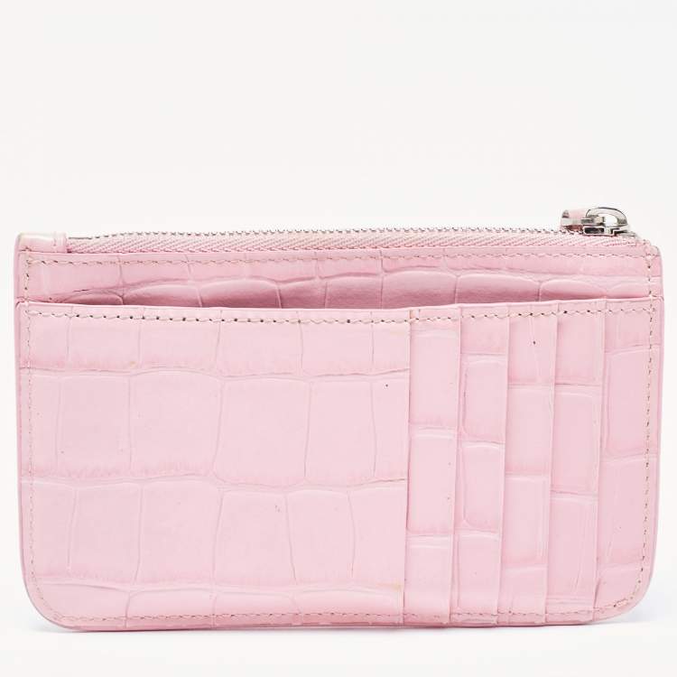 Pre Owned Balenciaga Pink Croc Embossed Leather Logo Zip Card Holder