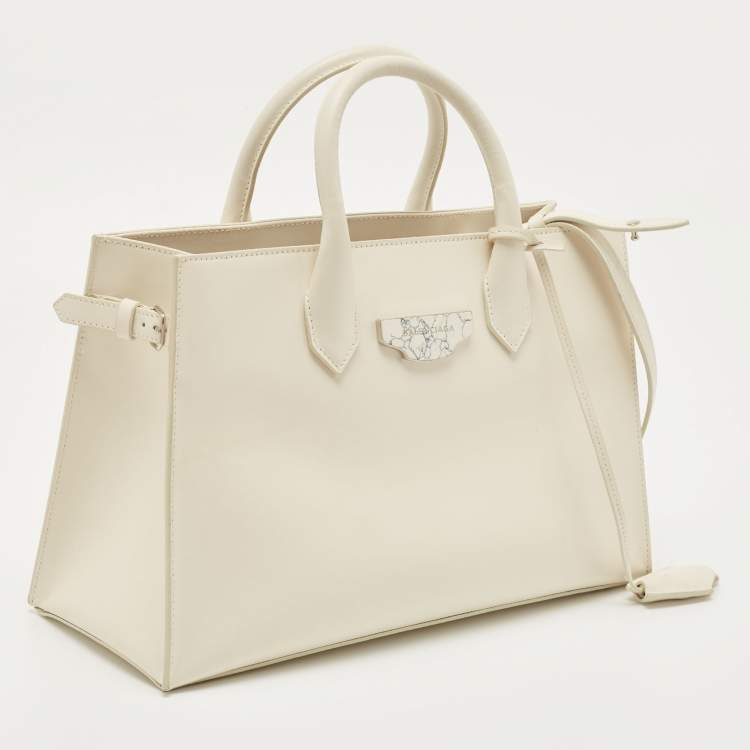 Pre Owned Balenciaga Off White Leather Padlock Nude Marble Tote