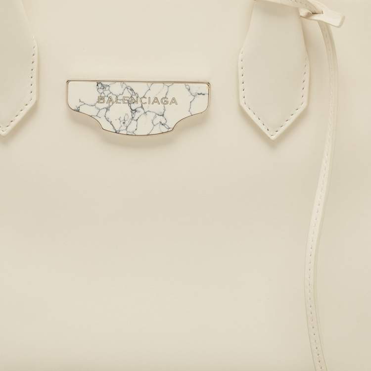 Pre Owned Balenciaga Off White Leather Padlock Nude Marble Tote