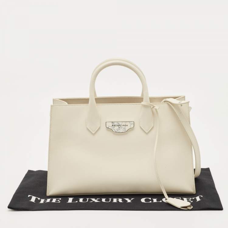 Pre Owned Balenciaga Off White Leather Padlock Nude Marble Tote