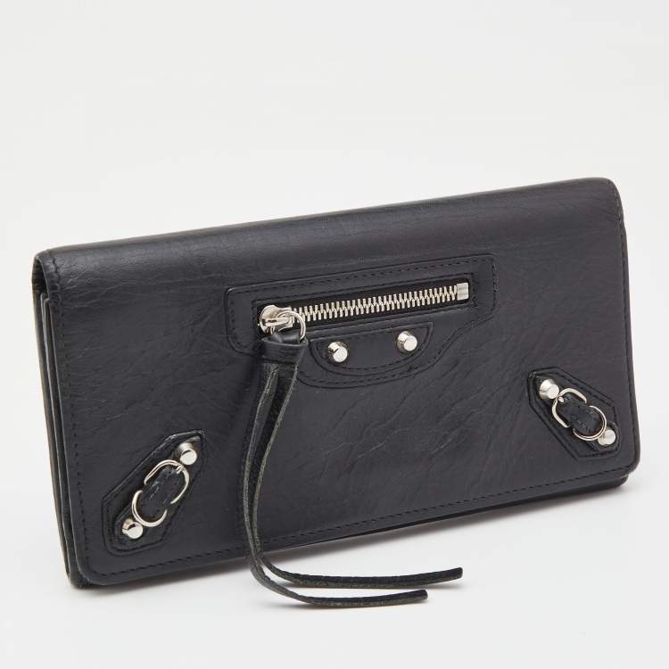 Pre Owned Balenciaga Black Leather City Flap Continental Wallet