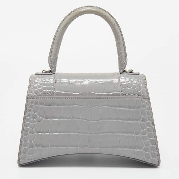 Pre Owned Balenciaga Grey Croc Embossed Leather Small Hourglass Top Handle Bag