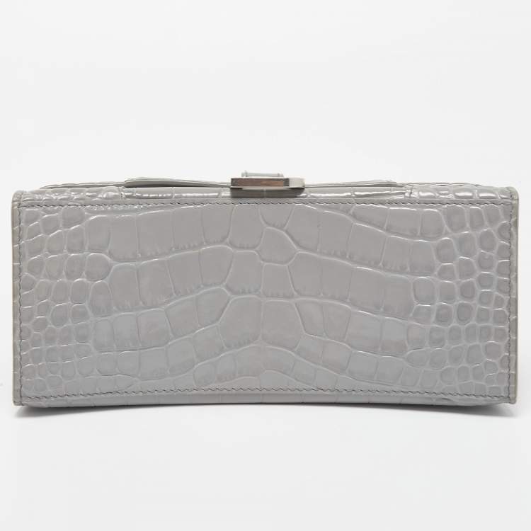 Pre Owned Balenciaga Grey Croc Embossed Leather Small Hourglass Top Handle Bag