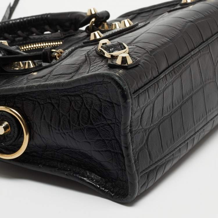 Pre Owned Balenciaga Black Croc Embossed Leather Mini GH Classic City Bag