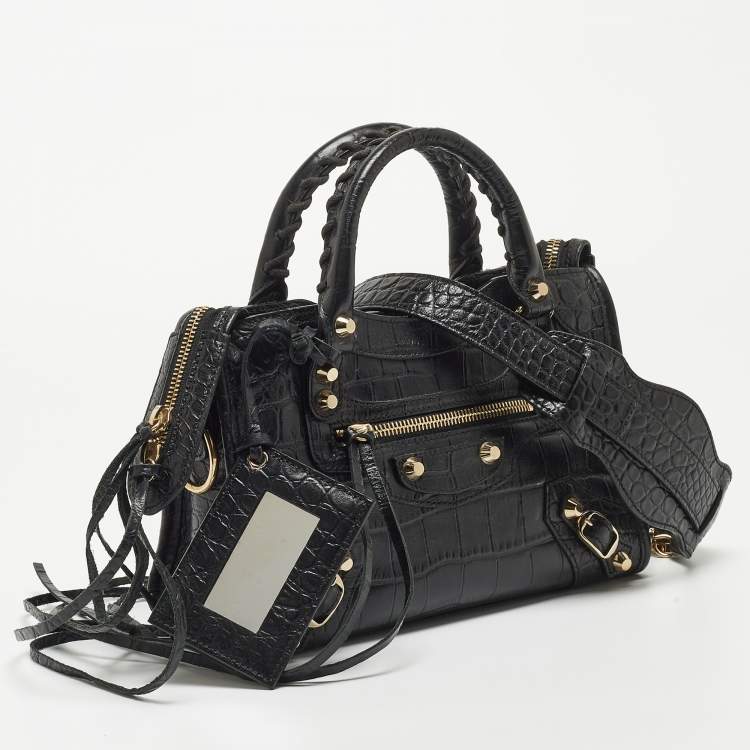 Pre Owned Balenciaga Black Croc Embossed Leather Mini GH Classic City Bag