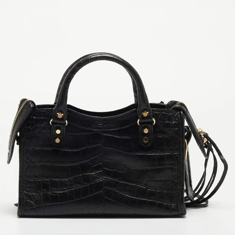 Pre Owned Balenciaga Black Croc Embossed Leather Mini GH Classic City Bag