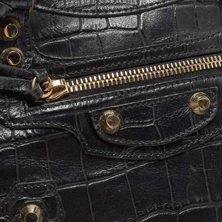 Pre Owned Balenciaga Black Croc Embossed Leather Mini GH Classic City Bag