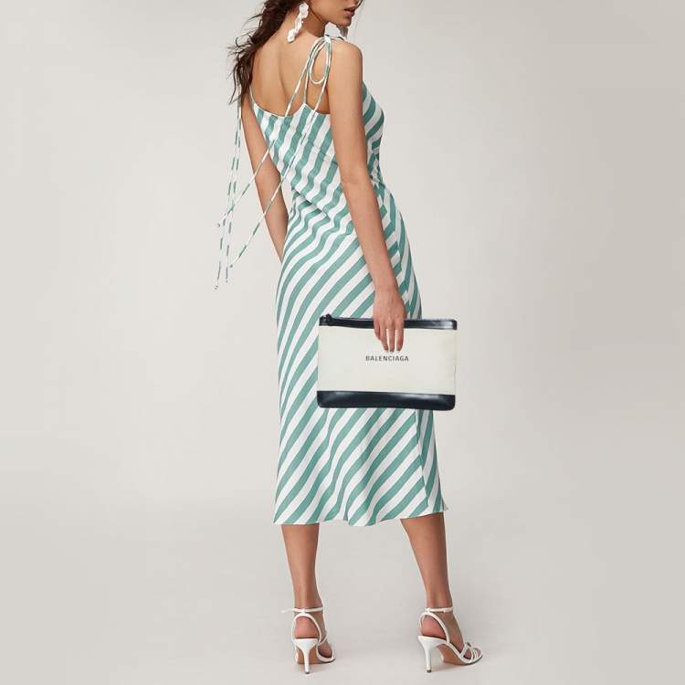 Balenciaga Blue/White Striped Canvas/Leather Zip Crossbody Bag