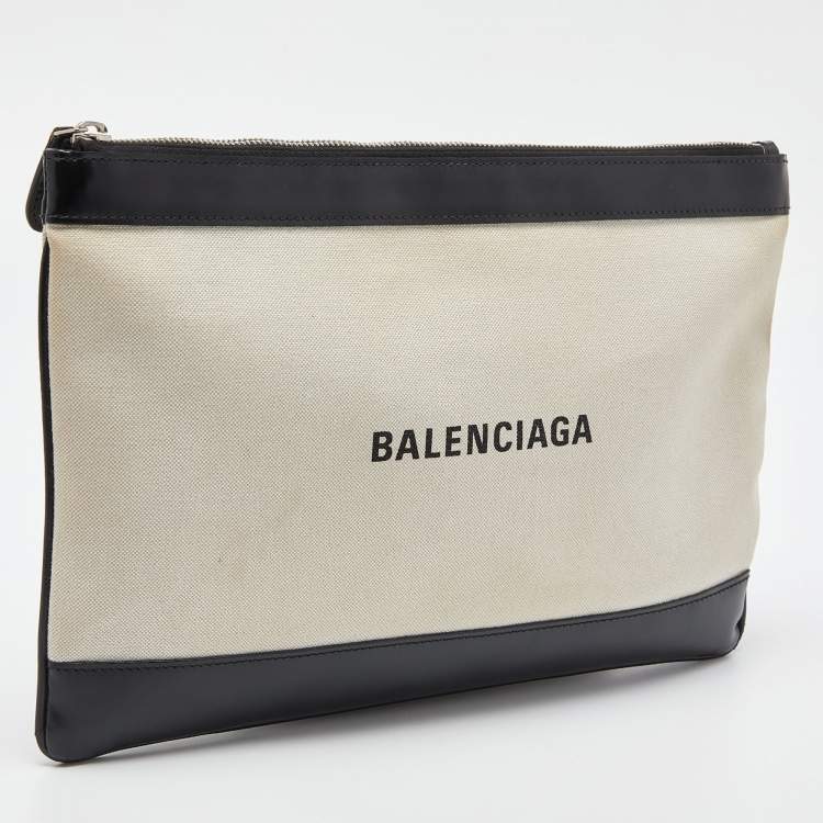 Pre Owned Balenciaga Black/Cream Canvas and Leather Logo Zip Pouch