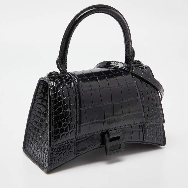 Pre Owned Balenciaga Black Croc Embossed Leather Small Hourglass Top Handle Bag