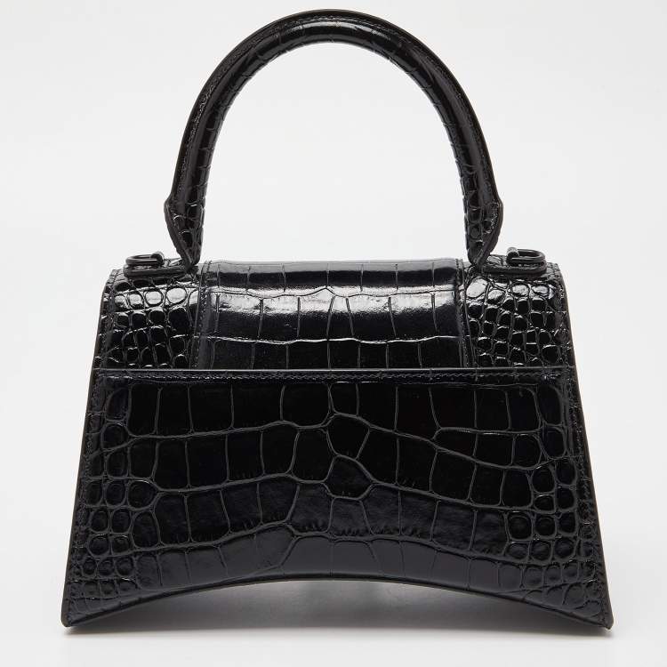 Pre Owned Balenciaga Black Croc Embossed Leather Small Hourglass Top Handle Bag