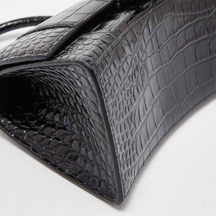 Pre Owned Balenciaga Black Croc Embossed Leather Small Hourglass Top Handle Bag