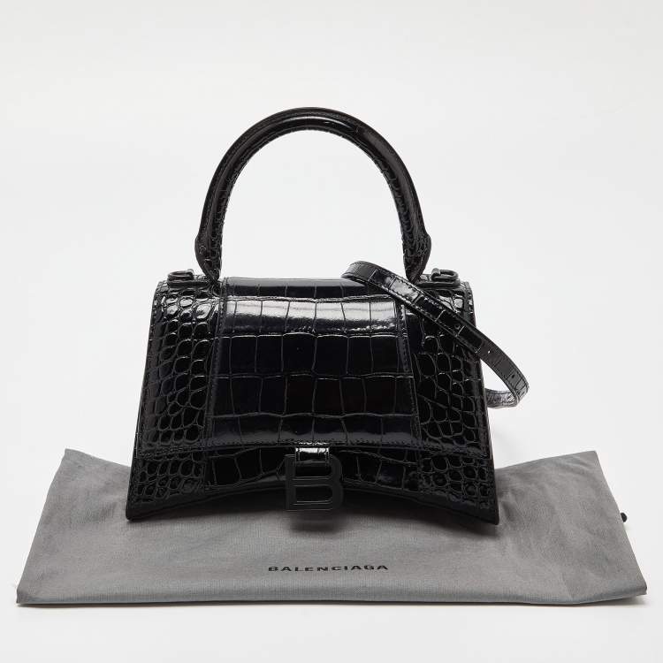 Pre Owned Balenciaga Black Croc Embossed Leather Small Hourglass Top Handle Bag