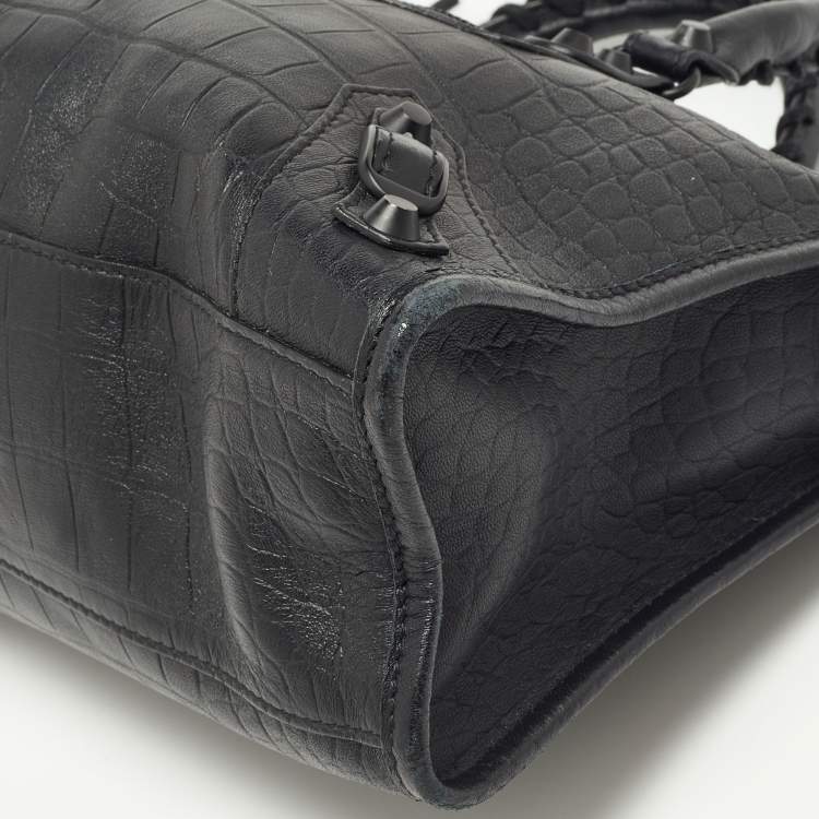 Pre Owned Balenciaga Black Croc Embossed Leather Small Classic City Bag