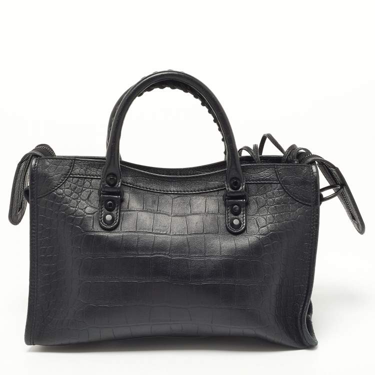 Pre Owned Balenciaga Black Croc Embossed Leather Small Classic City Bag