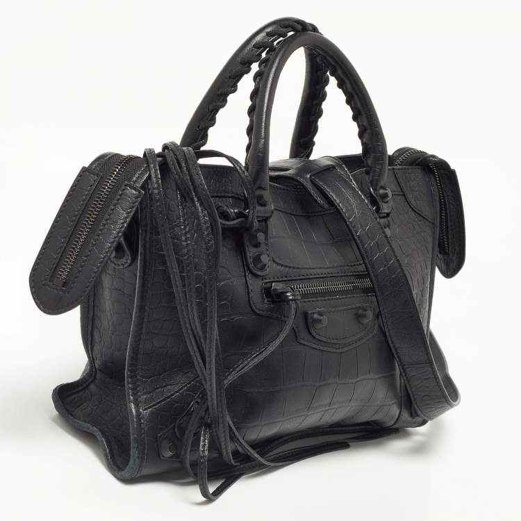 Pre Owned Balenciaga Black Croc Embossed Leather Small Classic City Bag