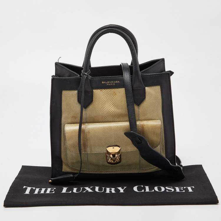 Pre Owned Balenciaga Black/Green Karung and Leather Padlock All Afternoon Tote