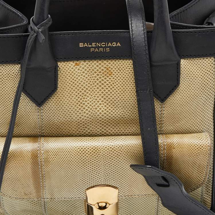 Pre Owned Balenciaga Black/Green Karung and Leather Padlock All Afternoon Tote
