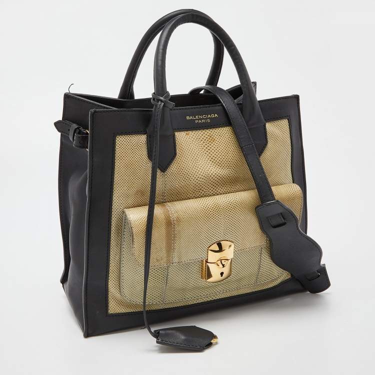 Pre Owned Balenciaga Black/Green Karung and Leather Padlock All Afternoon Tote