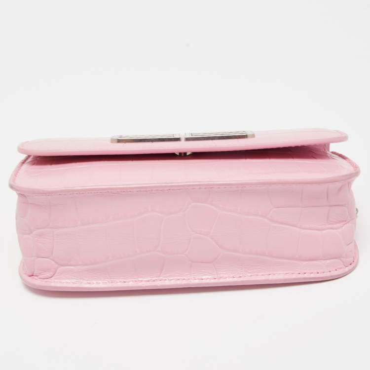 Pre Owned Balenciaga Pink Croc Embossed Leather Gossip Wallet On Chain