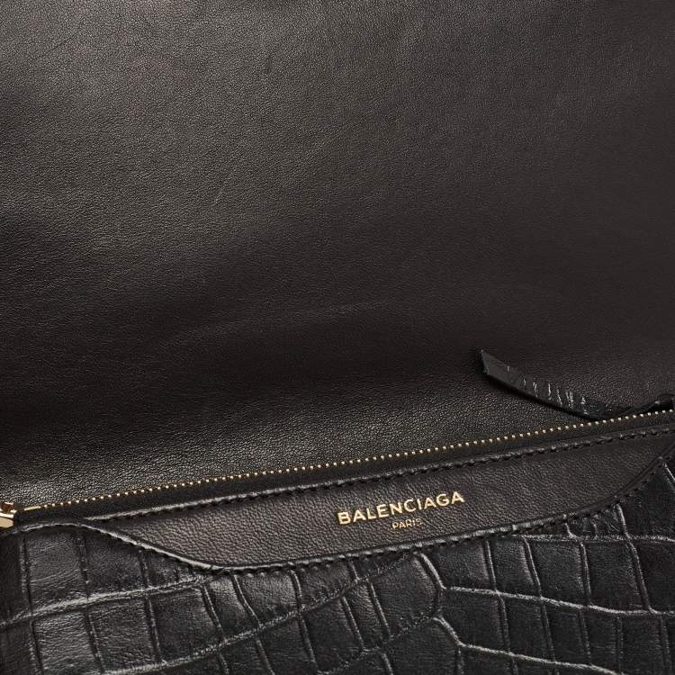 Pre Owned Balenciaga Black Croc Embossed Leather Classic Wallet On Chain